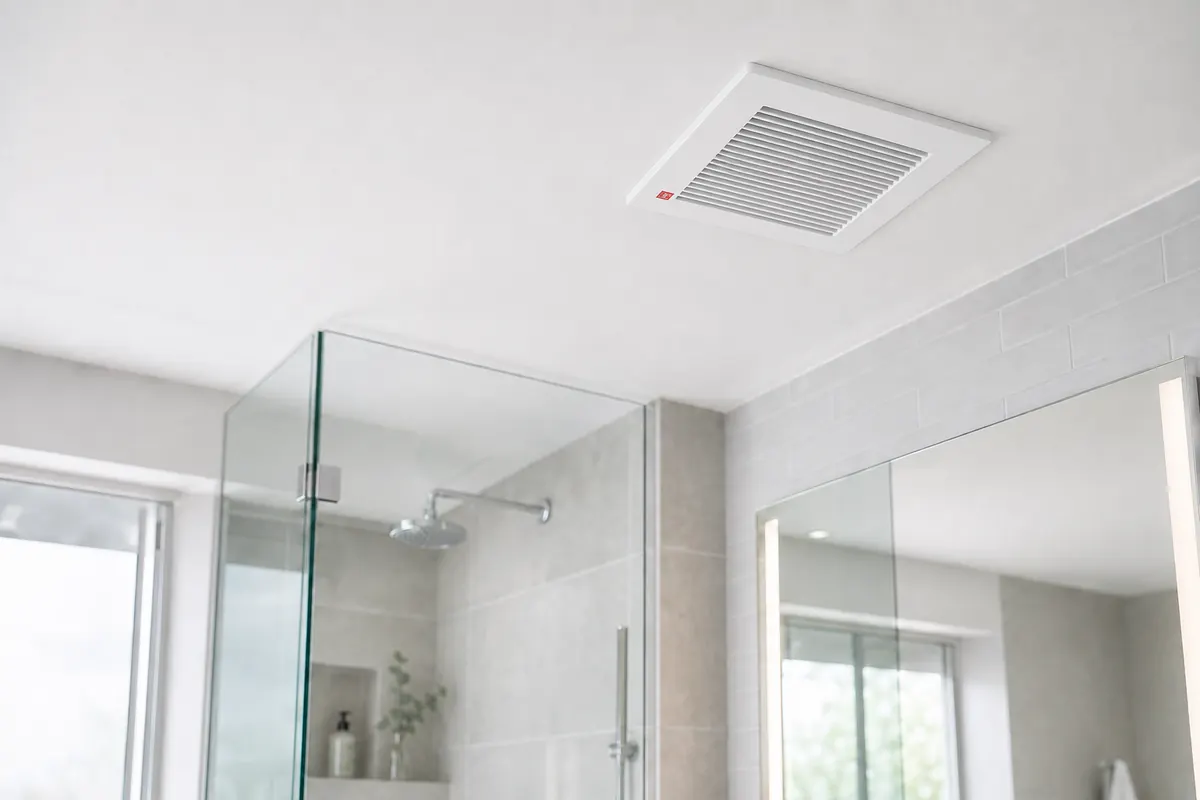 Ceiling bathroom exhaust fan installed in a modern bathroom
