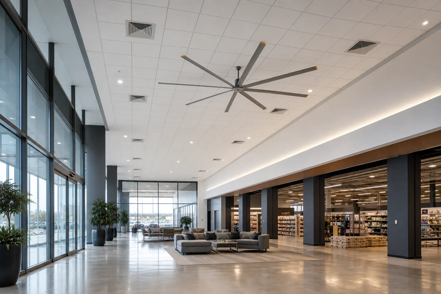 Ceiling ventilation and HVLS air circulation in a commercial facility
