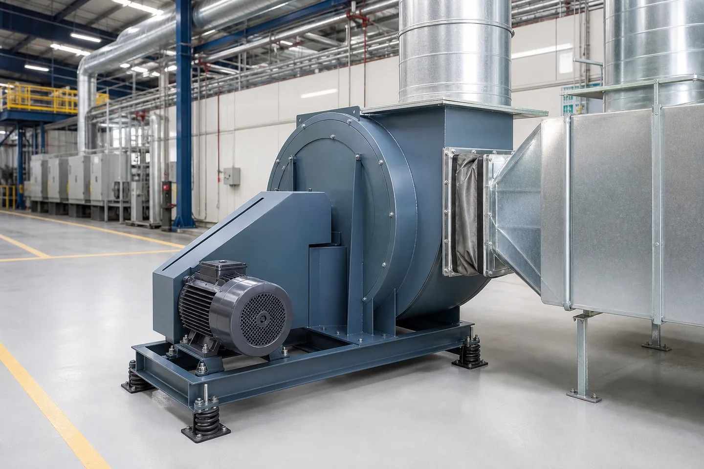 Industrial centrifugal blower connected to a process exhaust duct system