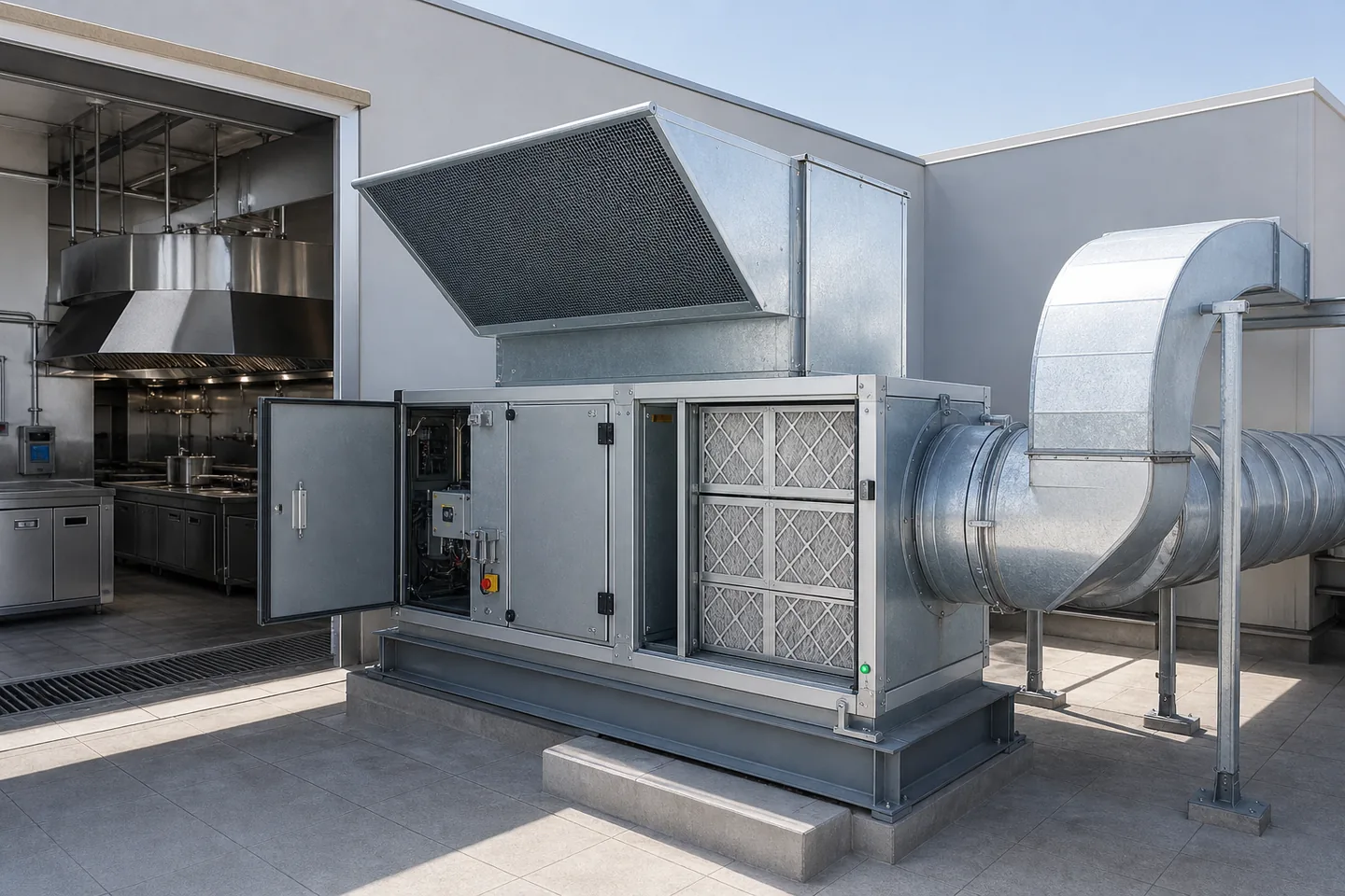 Fresh air and makeup air supply unit connected to commercial ductwork