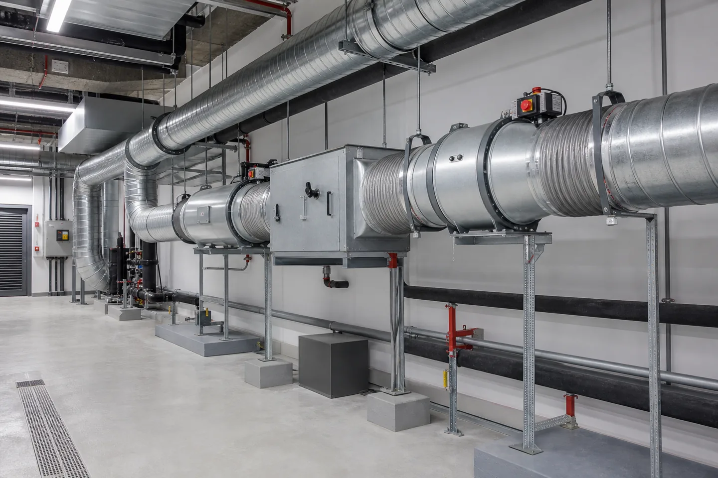 Inline duct fans installed in a commercial mechanical room
