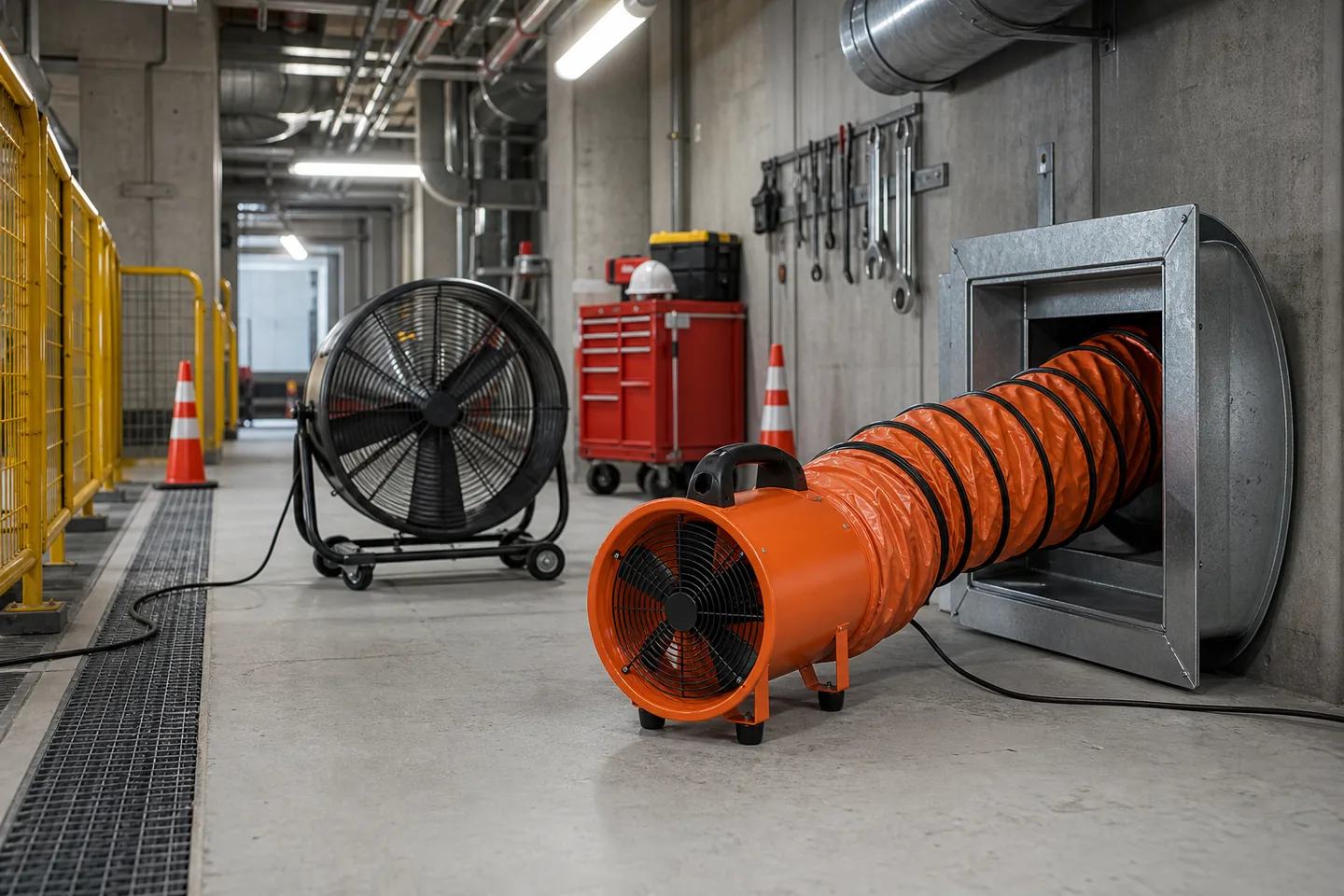 Portable exhaust blower and drum fan used for industrial maintenance ventilation