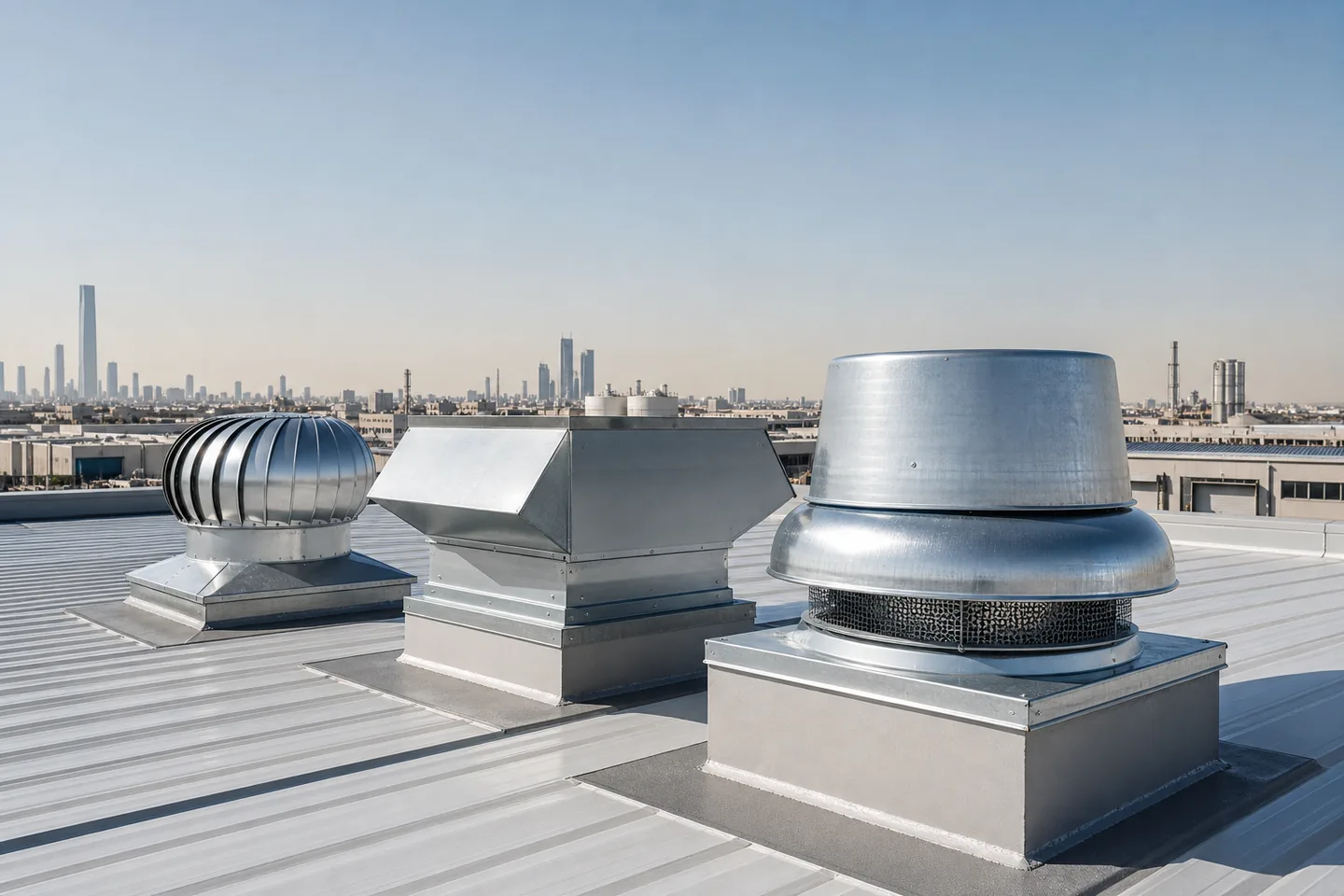 Roof exhaust fans installed on an industrial facility in Saudi Arabia