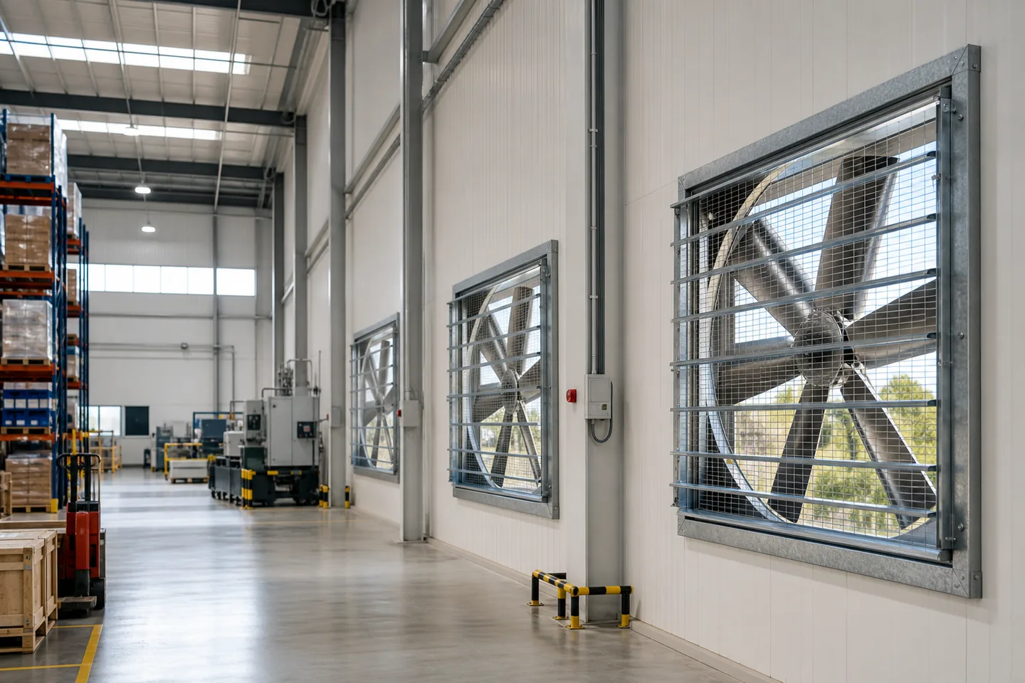 Industrial wall-mounted exhaust fans installed along a factory warehouse wall