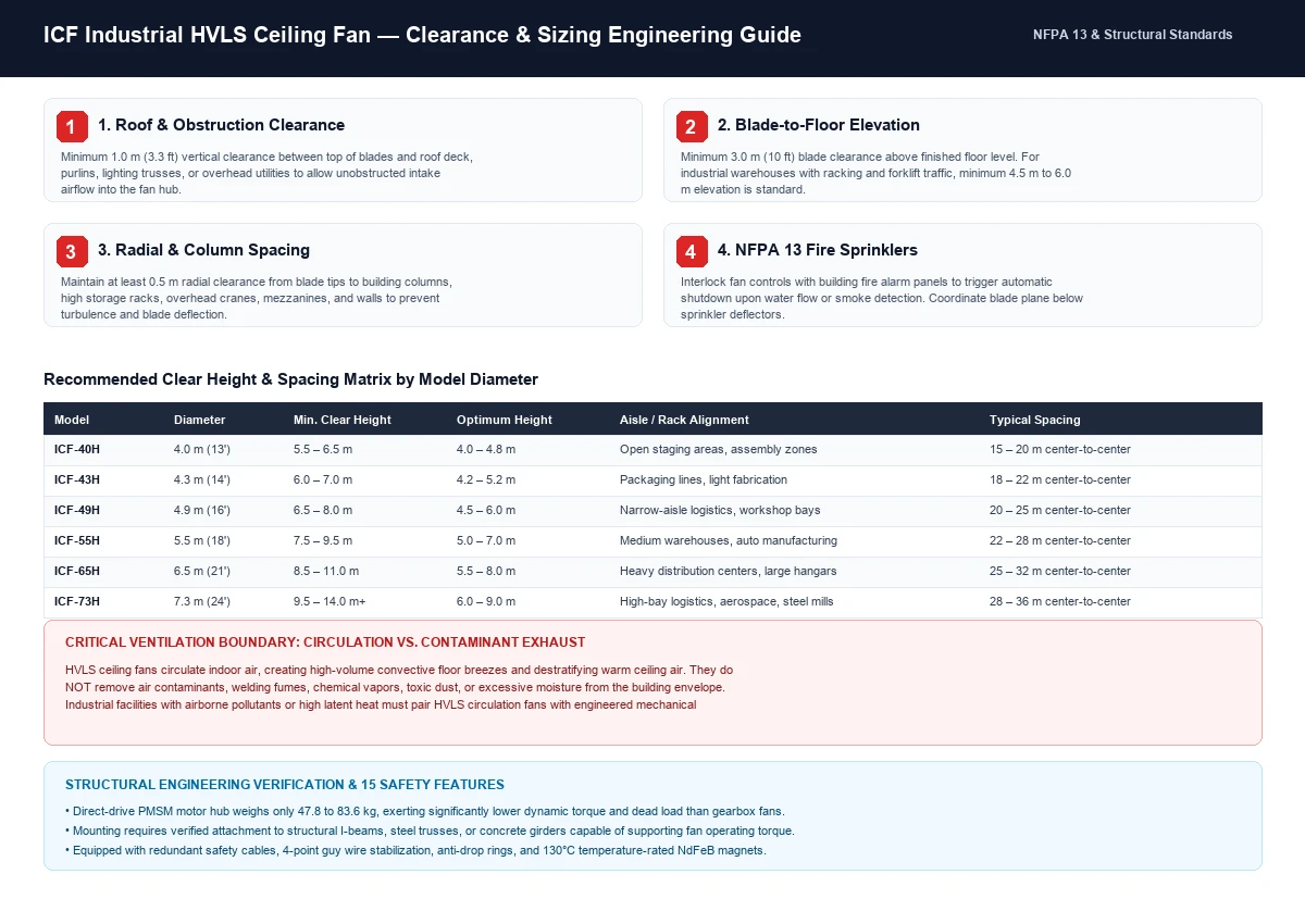 HVLS industrial ceiling fan clearance, NFPA 13 fire sprinkler coordination, and height sizing guide