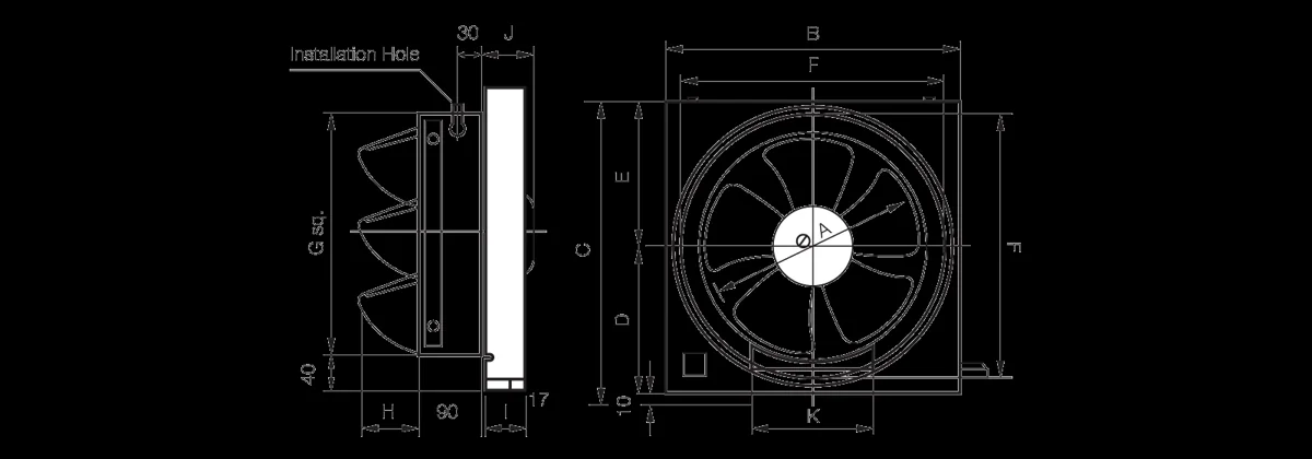 KDK wall mount propeller exhaust fan dimension drawing