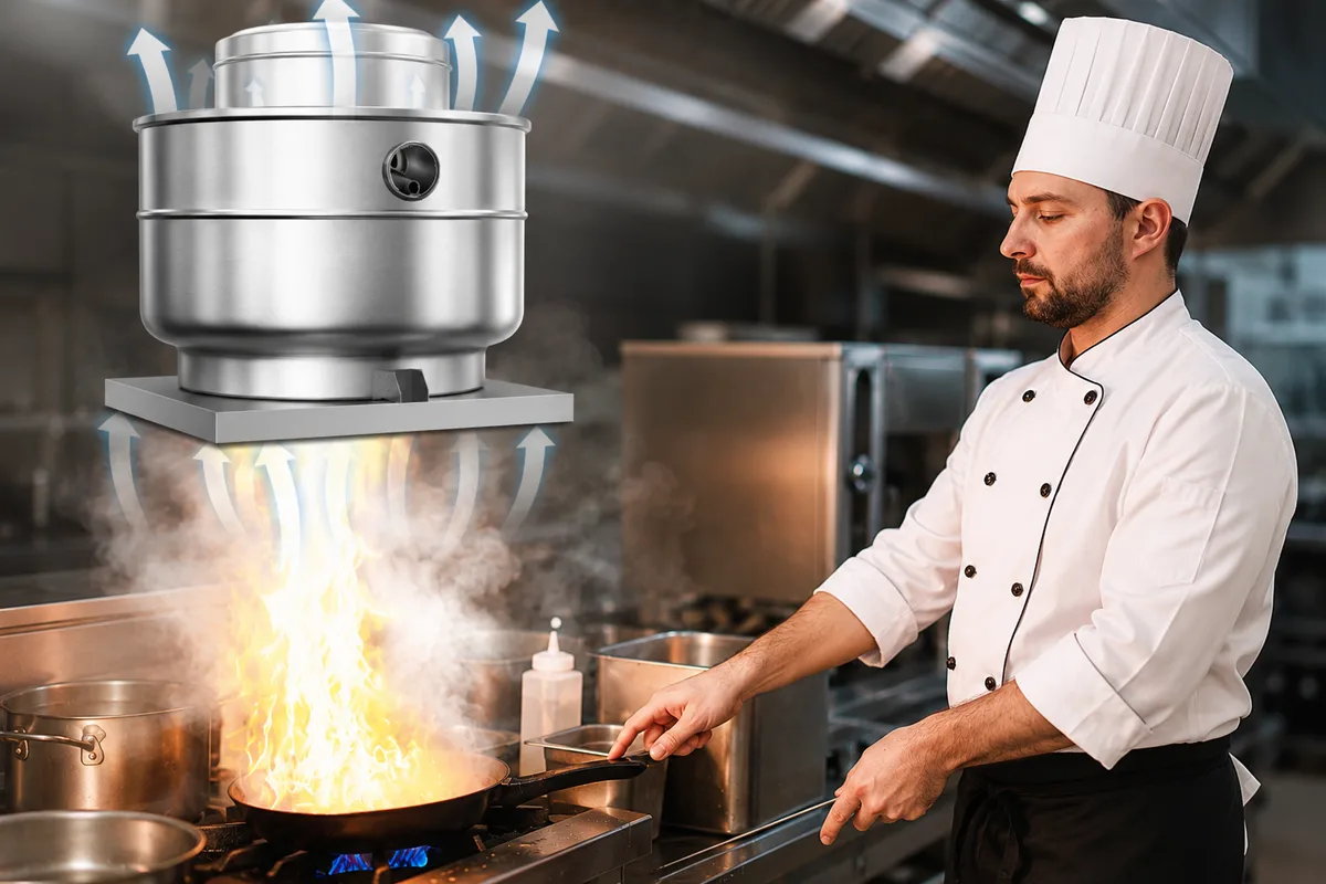 Commercial kitchen exhaust fan removing heat smoke grease and cooking odor