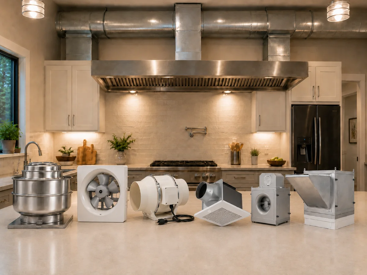 Kitchen hood duct and exhaust fan installation options
