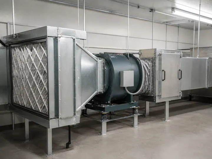 Centrifugal kitchen ventilation fan connected to filtered metal ductwork