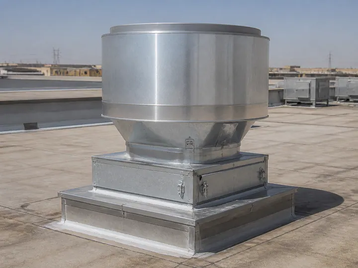 Roof-mounted kitchen exhaust fan installed on a commercial roof curb