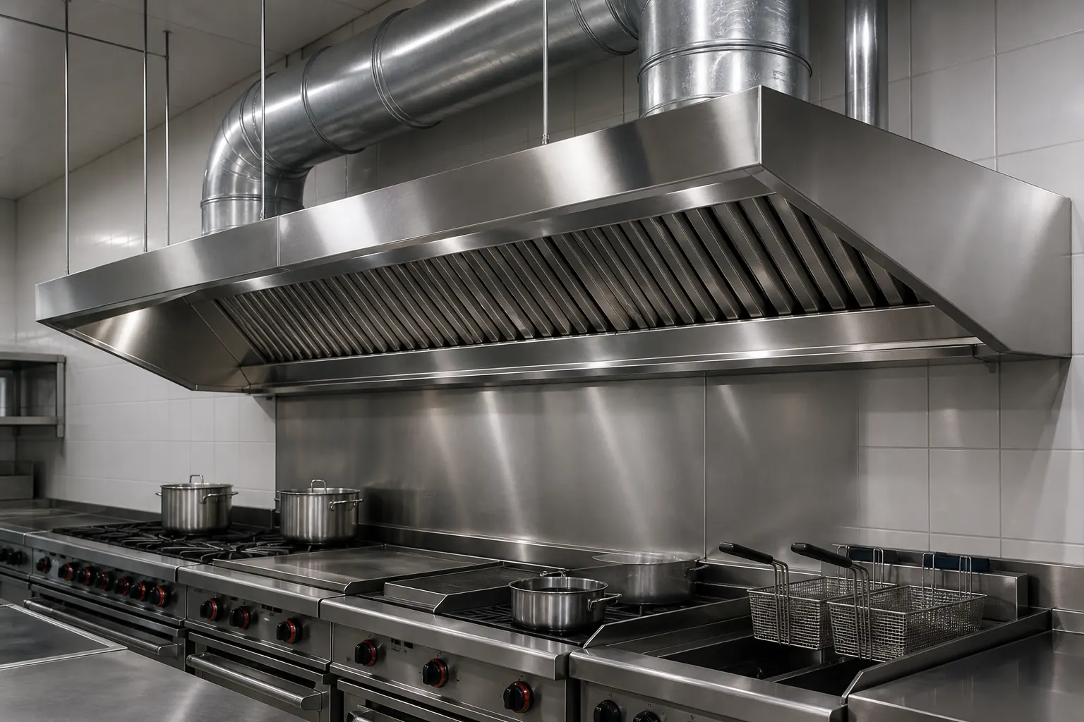 Commercial kitchen exhaust hood with grease filters and connected ductwork
