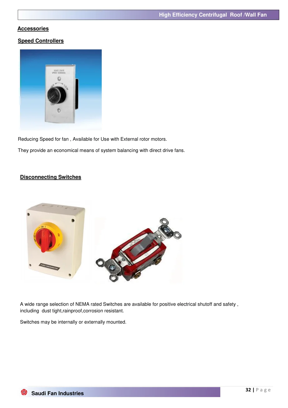 Saudi Fan roof fan accessories including speed controllers roof curbs and dampers