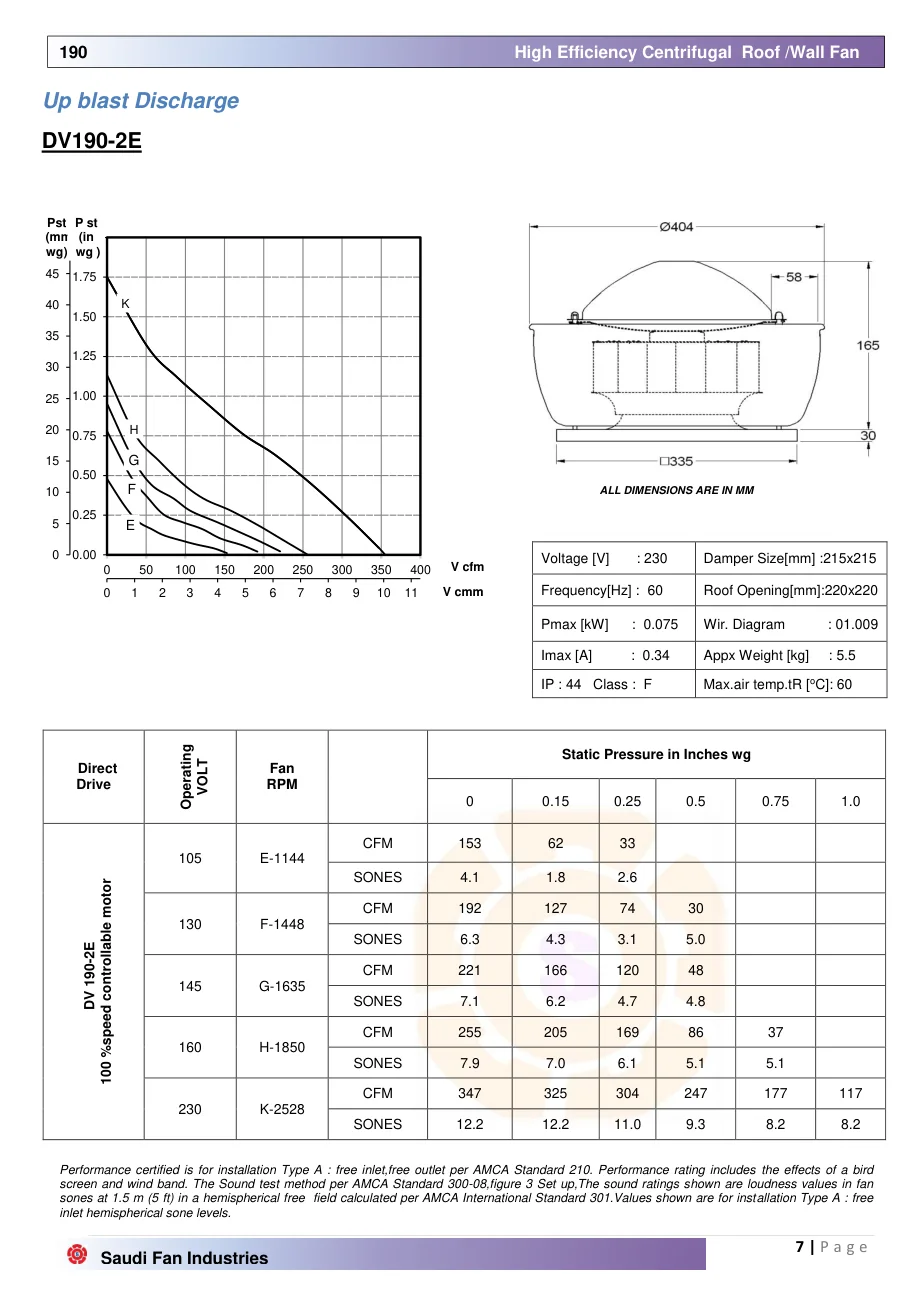 Saudi Fan DV190 upblast roof fan catalog data