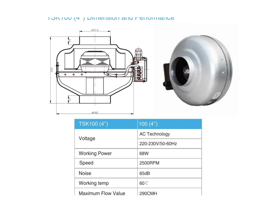 TSK steel circular inline duct fan dimensions and model data