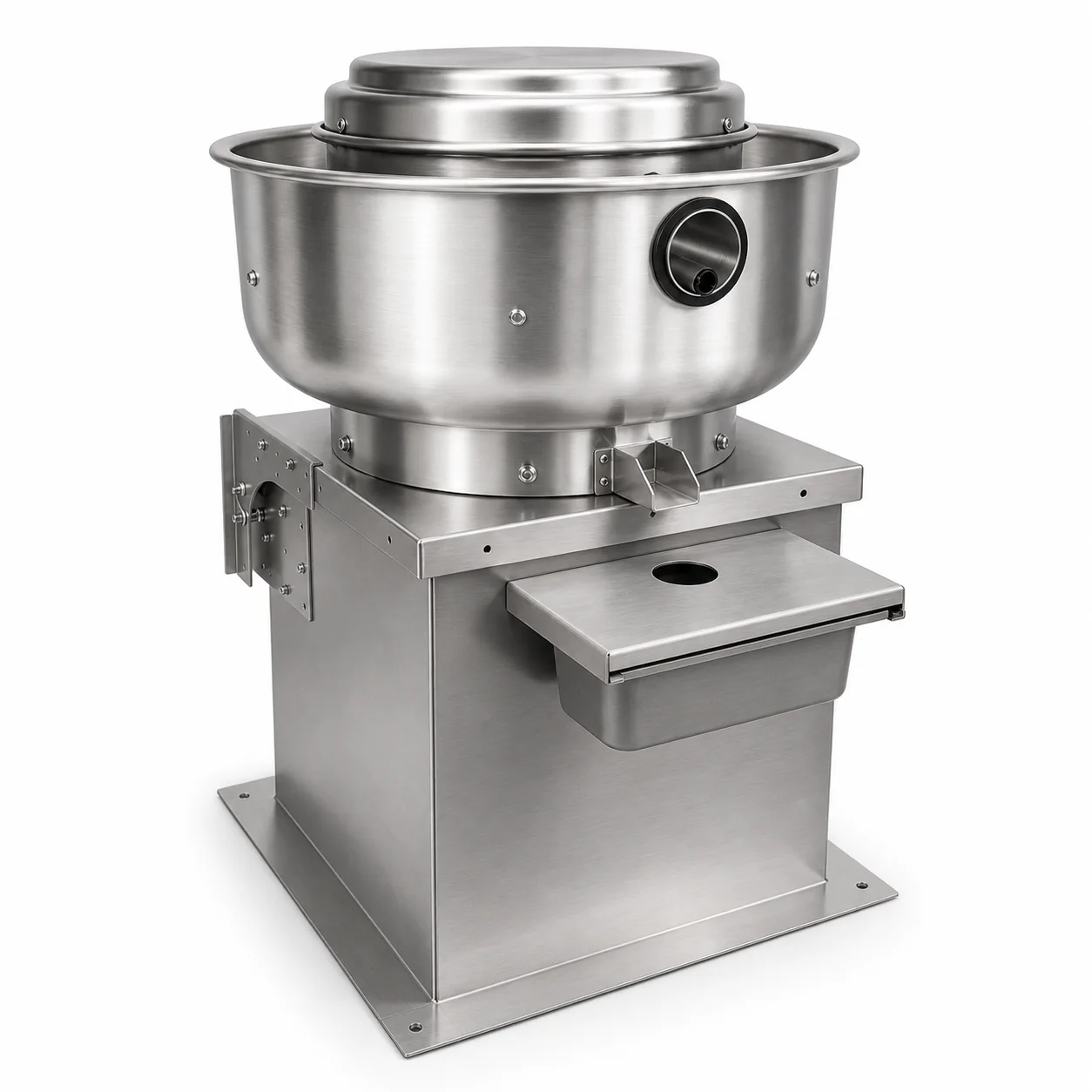 Upblast kitchen exhaust fan with roof curb and grease collection access